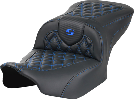 SADDLEMEN RoadSofa™ Seat - without Backrest - Carbon Fiber - Lattice Stitch - Blue Stitch - FLTR/FLHX '23-'24 823-07-20601