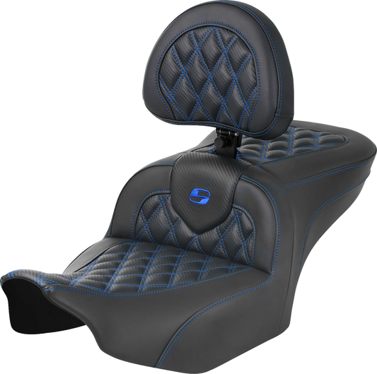 SADDLEMEN RoadSofa™ Seat - with Backrest - Carbon Fiber - Lattice Stitch - Blue Stitch - FLTR/FLHX '23-'24 823-07-206B1