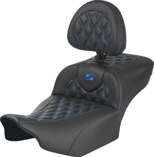 SADDLEMEN Roadsofa™ Extended Reach Seat - with Backrest - Lattice Stitch - Blue Stitch - FLTR/FLHX '23-'24 823-07-207B1