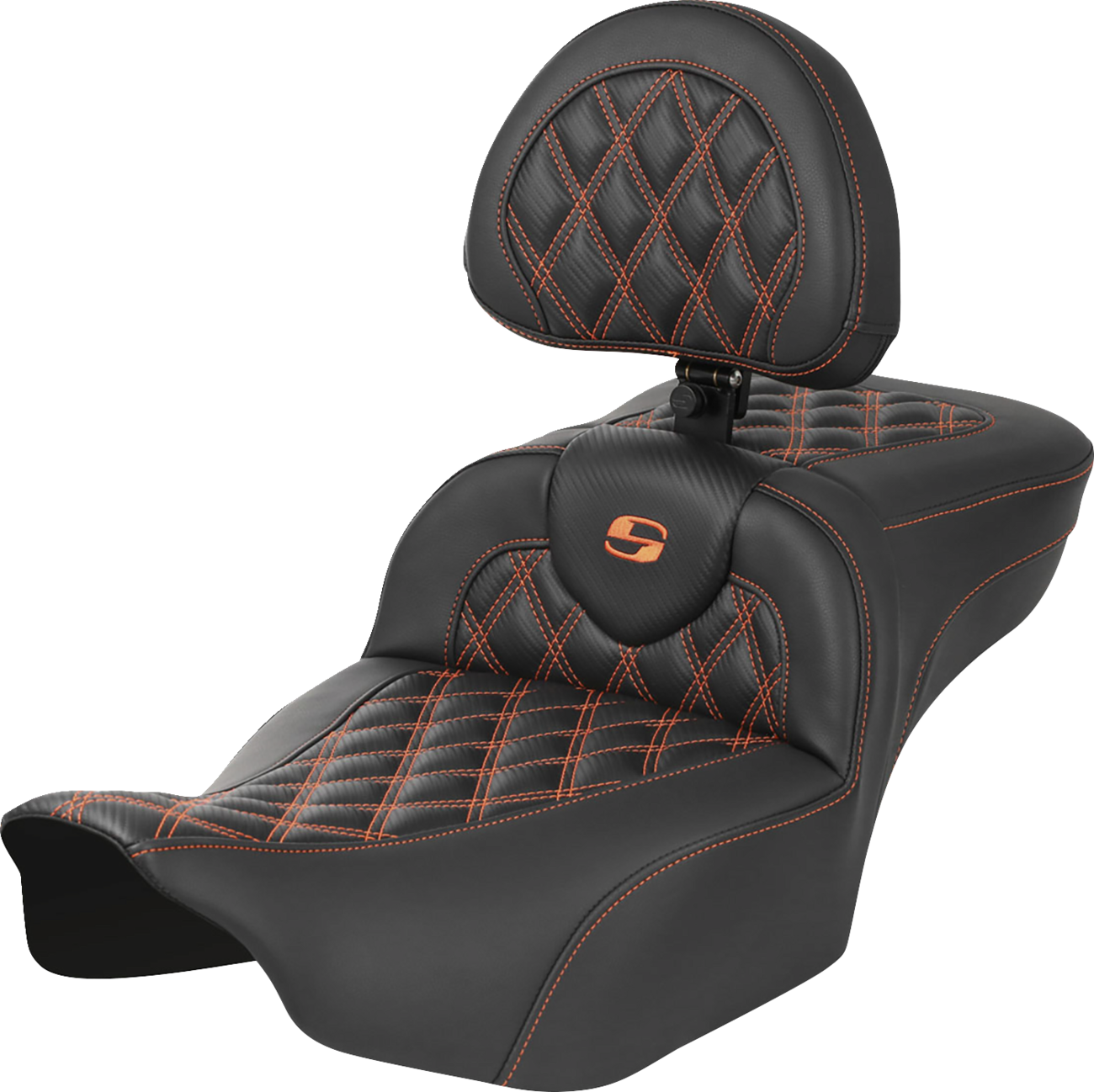 SADDLEMEN Roadsofa™ Extended Reach Seat - with Backrest - Lattice Stitch - Orange Stitch - FLTR/FLHX '23-'24 823-07-207B3