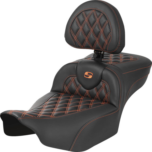 SADDLEMEN Roadsofa™ Extended Reach Seat - with Backrest - Lattice Stitch - Orange Stitch - FLTR/FLHX '23-'24 823-07-207B3