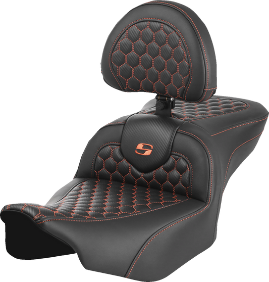 SADDLEMEN Roadsofa™ Seat - with Backrest - Honeycomb - Orange Stitch - FLTR/FLHX '23-'24 823-07-189B3