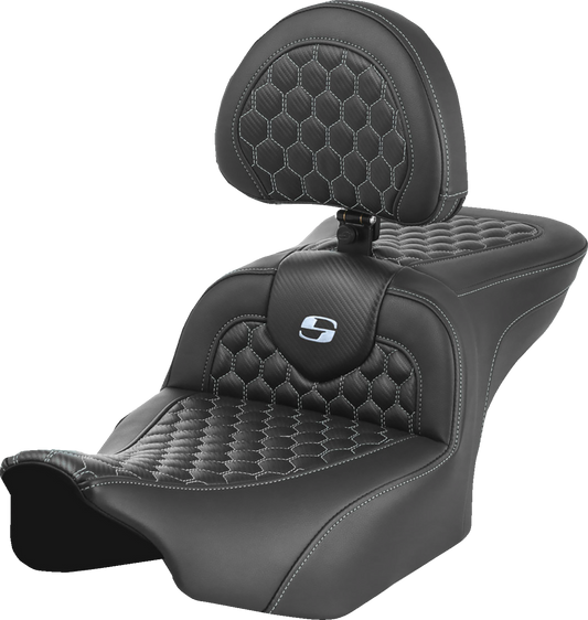 SADDLEMEN Roadsofa™ Seat - with Backrest - Honeycomb - Silver Stitch - FLTR/FLHX '23-'24 823-07-189B5