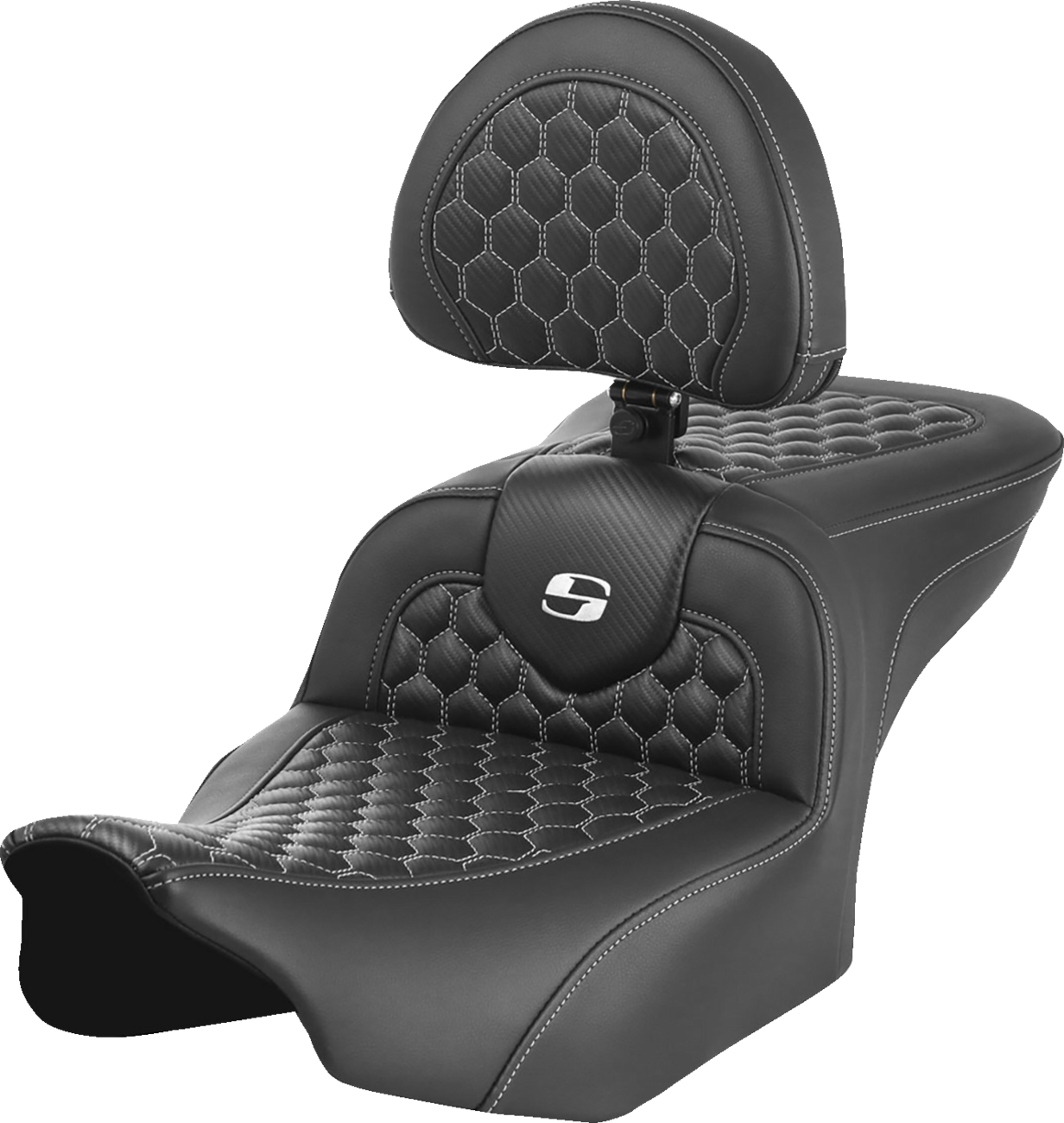 SADDLEMEN Roadsofa™ Seat - with Backrest - Honeycomb - White Stitch - FLTR/FLHX '23-'24 823-07-189B6