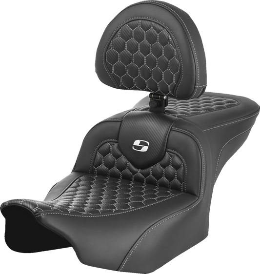 SADDLEMEN Roadsofa™ Seat - with Backrest - Honeycomb - White Stitch - FLTR/FLHX '23-'24 823-07-189B6