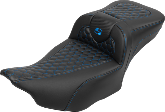 SADDLEMEN Roadsofa™ Extended Reach Seat - with Backrest - Honeycomb - Blue Stitch - FLTR/FLHX '23-'24 823-07-190B1