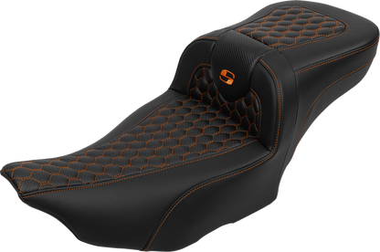 SADDLEMEN Roadsofa™ Extended Reach Seat - with Backrest - Honeycomb - Orange Stitch - FLTR/FLHX '23-'24 823-07-190B3