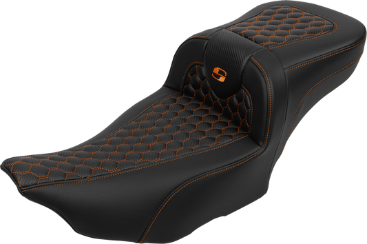 SADDLEMEN Roadsofa™ Extended Reach Seat - with Backrest - Honeycomb - Orange Stitch - FLTR/FLHX '23-'24 823-07-190B3