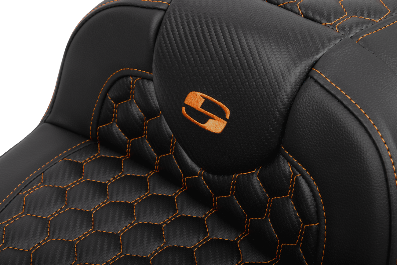 SADDLEMEN Roadsofa™ Extended Reach Seat - with Backrest - Honeycomb - Orange Stitch - FLTR/FLHX '23-'24 823-07-190B3