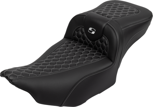 SADDLEMEN Roadsofa™ Extended Reach Seat - with Backrest - Honeycomb - Silver Stitch - FLTR/FLHX '23-'24 823-07-190B5
