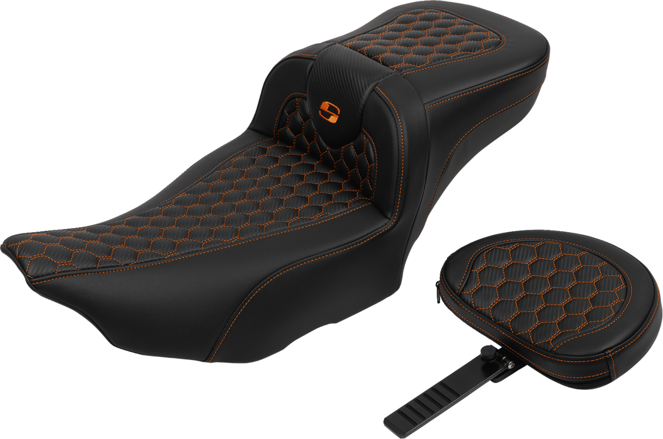 SADDLEMEN Roadsofa™ Extended Reach Seat - with Backrest - Honeycomb - Orange Stitch - FLTR/FLHX '23-'24 823-07-190B3
