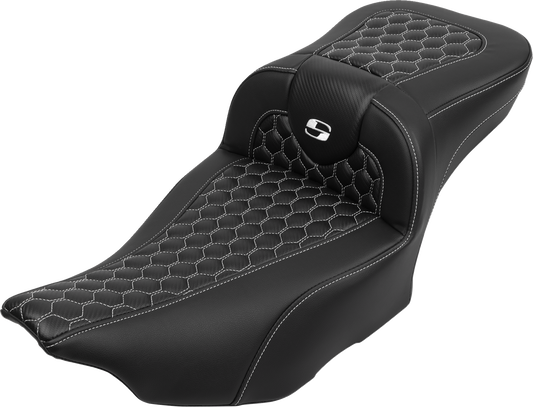 SADDLEMEN Roadsofa™ Extended Reach Seat - with Backrest - Honeycomb - White Stitch - FLTR/FLHX '23-'24 823-07-190B6