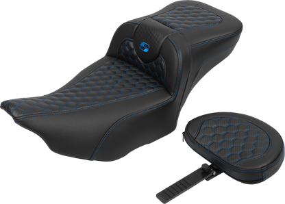 SADDLEMEN Roadsofa™ Extended Reach Seat - with Backrest - Honeycomb - Blue Stitch - FLTR/FLHX '23-'24 823-07-190B1
