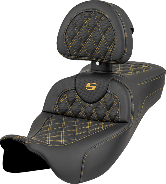 SADDLEMEN Roadsofa™ Extended Reach Seat - Lattice Stitch - Gold Stitch - with Backrest - FL '08-'23 808-07B-184B7