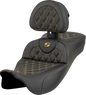 SADDLEMEN Roadsofa™ Extended Reach Seat - Lattice Stitch - Gold Stitch - with Backrest - FL '08-'23 808-07B-184B7