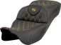 SADDLEMEN Roadsofa™ Extended Reach Seat - Lattice Stitch - Gold Stitch - without Backrest - FL '08-'23 808-07B-18407