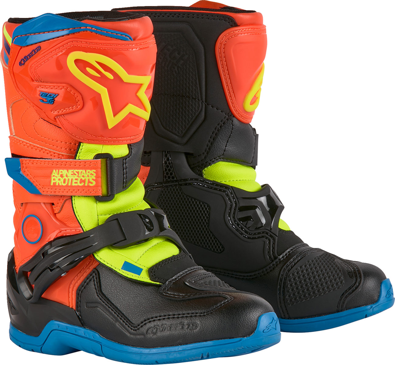 ALPINESTARS Kids Tech 3S Boots - Fluorescent Orange/Fluorescent Yellow/Blue - US 12 / EU 30.5 2014524-4755-12