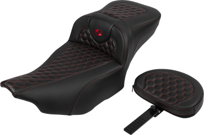 SADDLEMEN Roadsofa™ Extended Reach Seat - with Backrest - Honeycomb - Red Stitch - FLTR/FLHX '23-'24 823-07-190B4