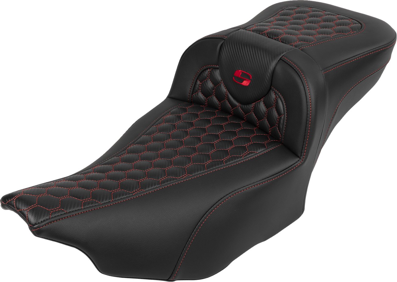 SADDLEMEN Roadsofa™ Extended Reach Seat - with Backrest - Honeycomb - Red Stitch - FLTR/FLHX '23-'24 823-07-190B4