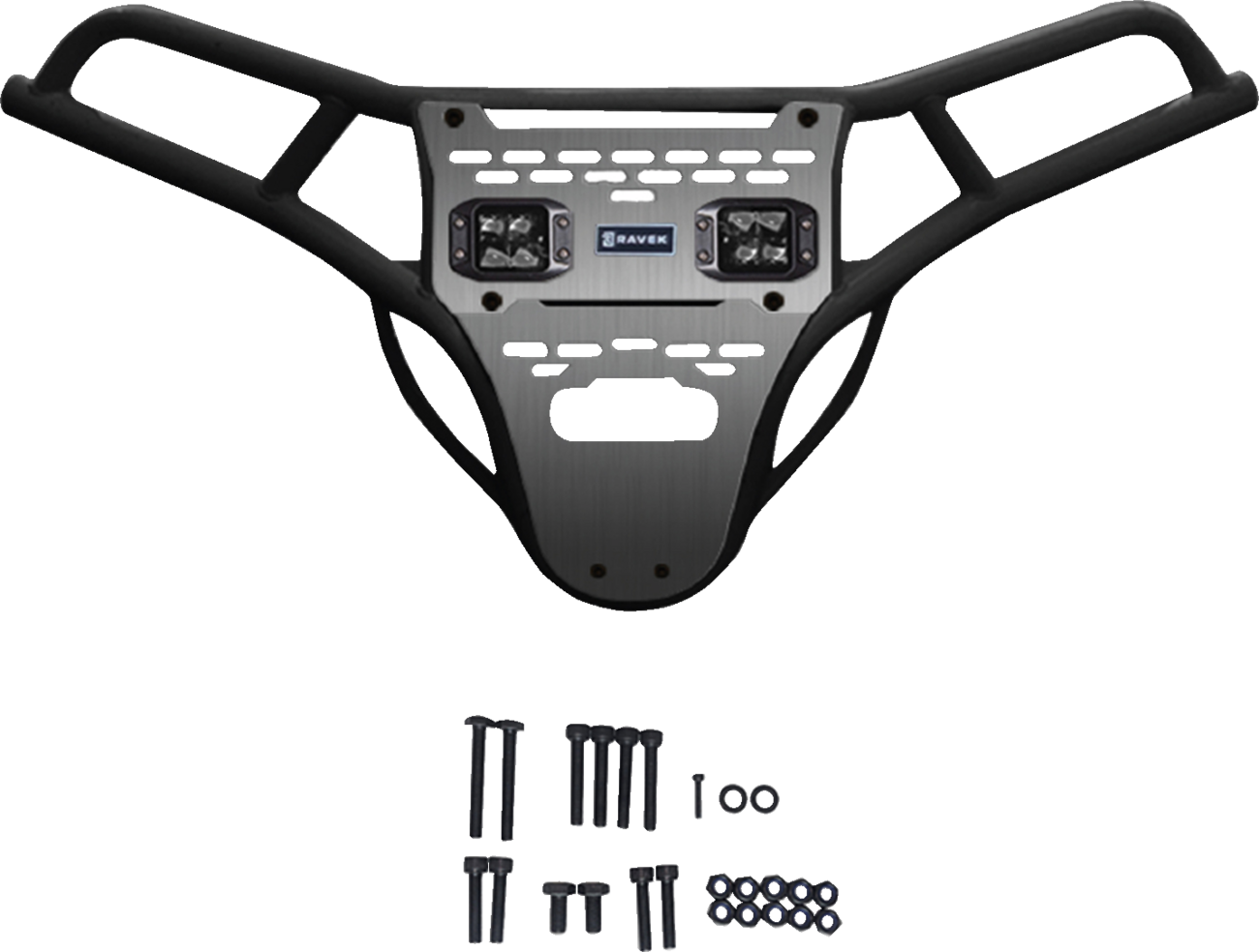 RAVEK Front Bumper/Skid Plate with White Lights - Black - Polaris - RZR 64-317BKL