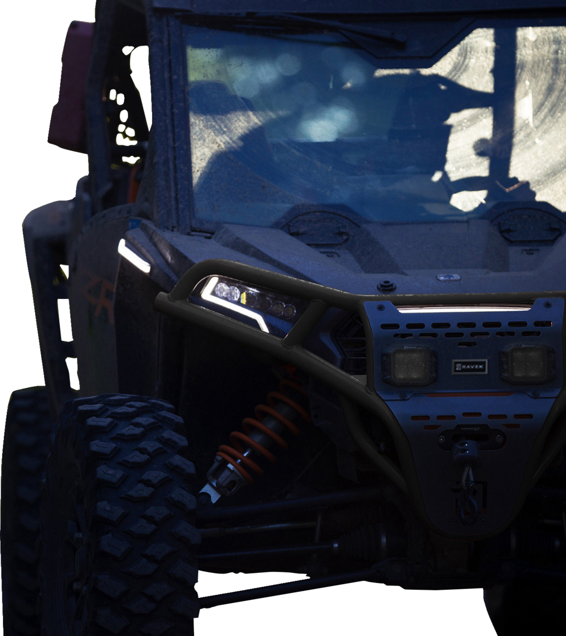 RAVEK Front Bumper/Skid Plate with White Lights - Black - Polaris - RZR 64-317BKL