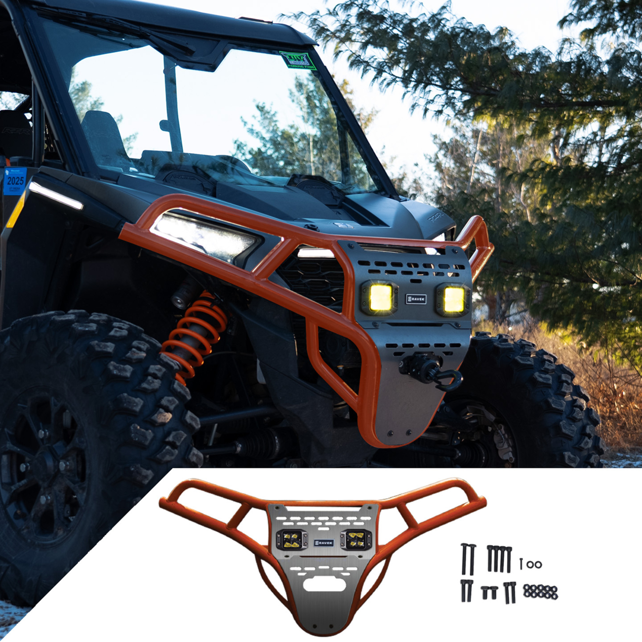 RAVEK Front Bumper/Skid Plate with Amber Lights - Orange - Polaris - RZR 64-317ORLA