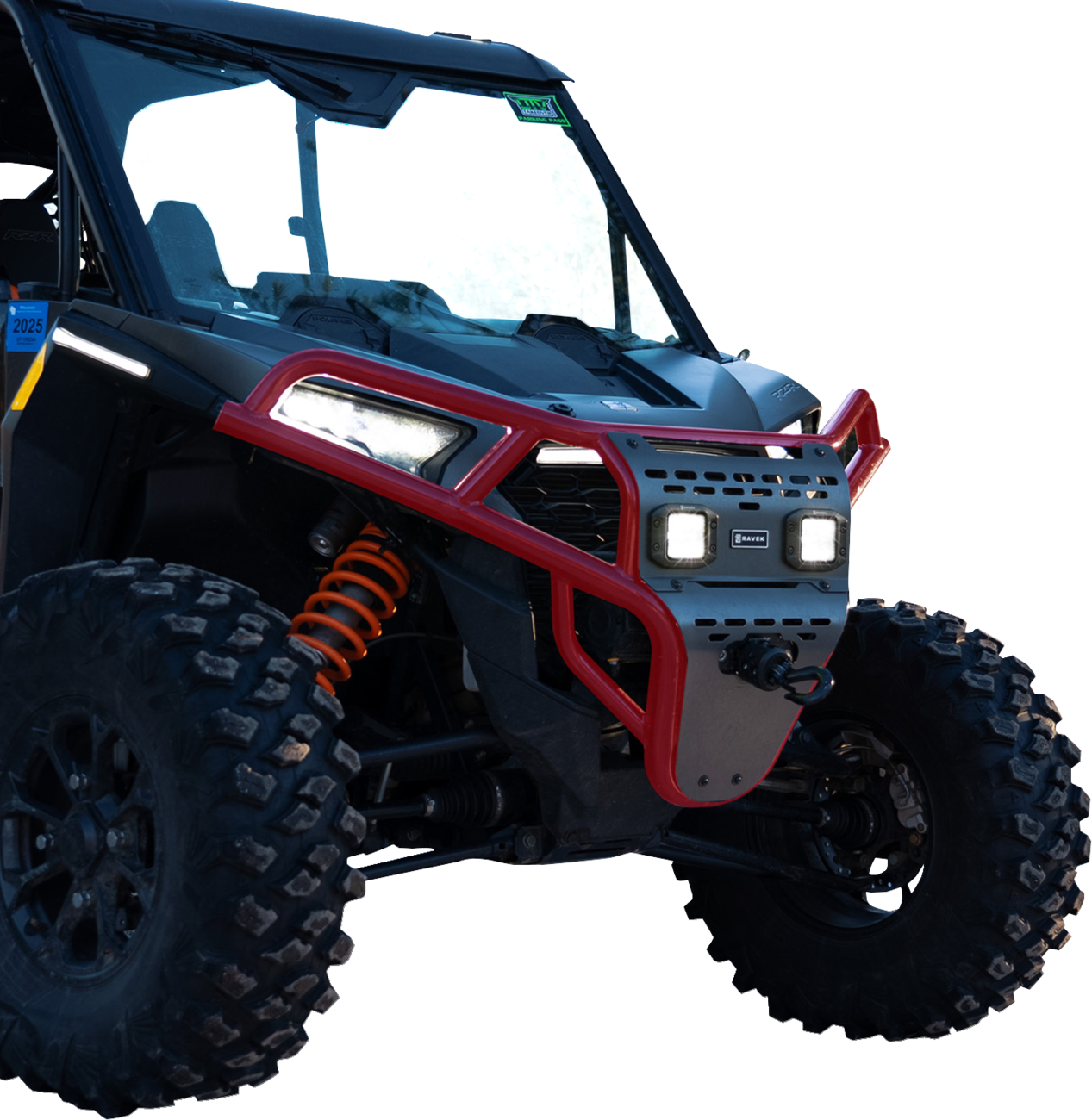 RAVEK Front Bumper/Skid Plate with White Lights - Red - Polaris - RZR 64-317RDL