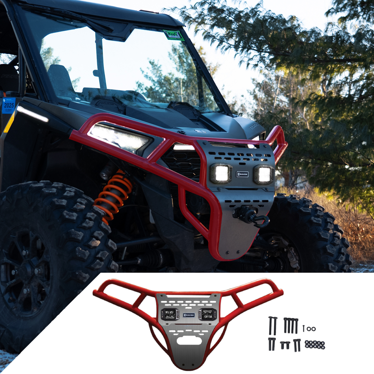 RAVEK Front Bumper/Skid Plate with White Lights - Red - Polaris - RZR 64-317RDL