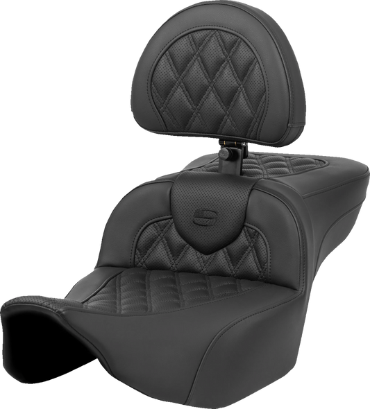 SADDLEMEN Heated RoadSofa™ Seat - Extended Reach - Lattice Stitch - w/ Backrest - FLT/FLH ’23-‘24 823-07-184C0
