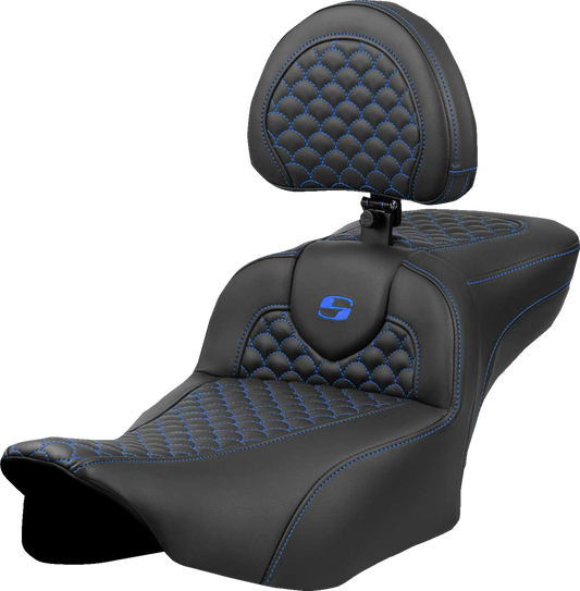 SADDLEMEN Roadsofa™ Extended Reach Seat - Dragon Scale Stitch - Blue Stitch - w/ Backrest - FLTR/FLHX '23-'24 823-07-209B1