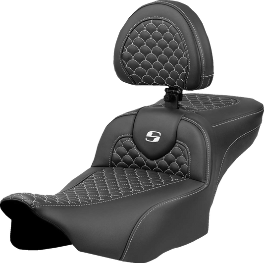 SADDLEMEN Roadsofa™ Extended Reach Seat - Dragon Scale Stitch - White Stitch - w/ Backrest - FLTR/FLHX '23-'24 823-07-209B6