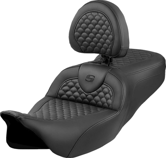 SADDLEMEN Roadsofa™ Seat - Dragon Scale Stitch - Black Stitch - w/ Backrest - FLH/FLT '08-'24 808-07B-208B0