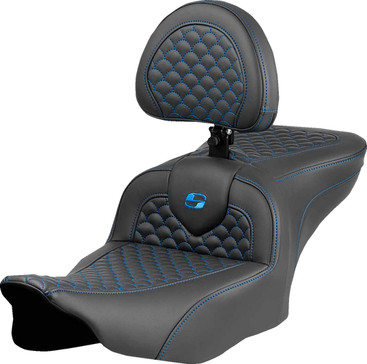 SADDLEMEN Roadsofa™ Seat - Dragon Scale Stitch - Blue Stitch - w/ Backrest - FLTR/FLHX '23-'24 823-07-208B1