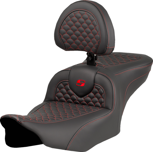 SADDLEMEN Roadsofa™ Seat - Dragon Scale Stitch - Red Stitch - w/ Backrest - FLTR/FLHX '23-'24 823-07-208B4