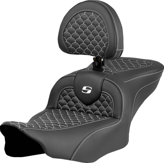 SADDLEMEN Roadsofa™ Seat - Dragon Scale Stitch - White Stitch - w/ Backrest - FLTR/FLHX '23-'24 823-07-208B6