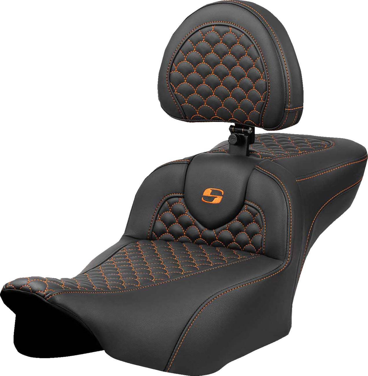 SADDLEMEN Roadsofa™ Extended Reach Seat - Dragon Scale Stitch - Orange Stitch - w/ Backrest - FLT/FLH '23-'24 823-07-209B3