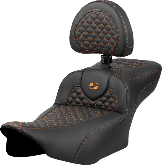 SADDLEMEN Roadsofa™ Extended Reach Seat - Dragon Scale Stitch - Orange Stitch - w/ Backrest - FLT/FLH '23-'24 823-07-209B3