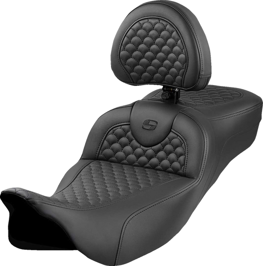 SADDLEMEN Roadsofa™ Extended Reach Seat - Dragon Scale Stitch - Black Stitch - w/ Backrest - FLH/FLT '08-'24 808-07B-209B0