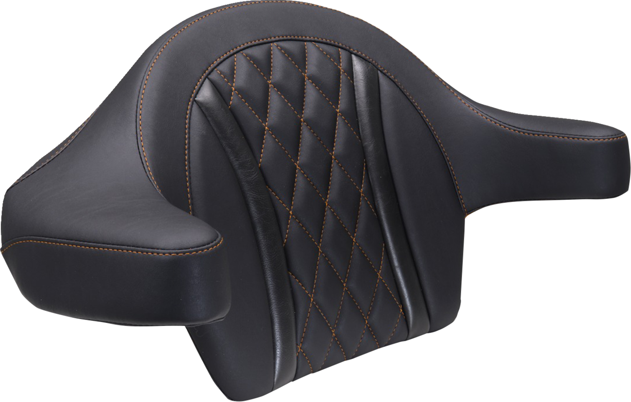 MUSTANG Deluxe Extended Arm Wrap-around Backrest - Diamond - Mandarin Orange Stitch - FLT/FLH '23-'25 88430MO