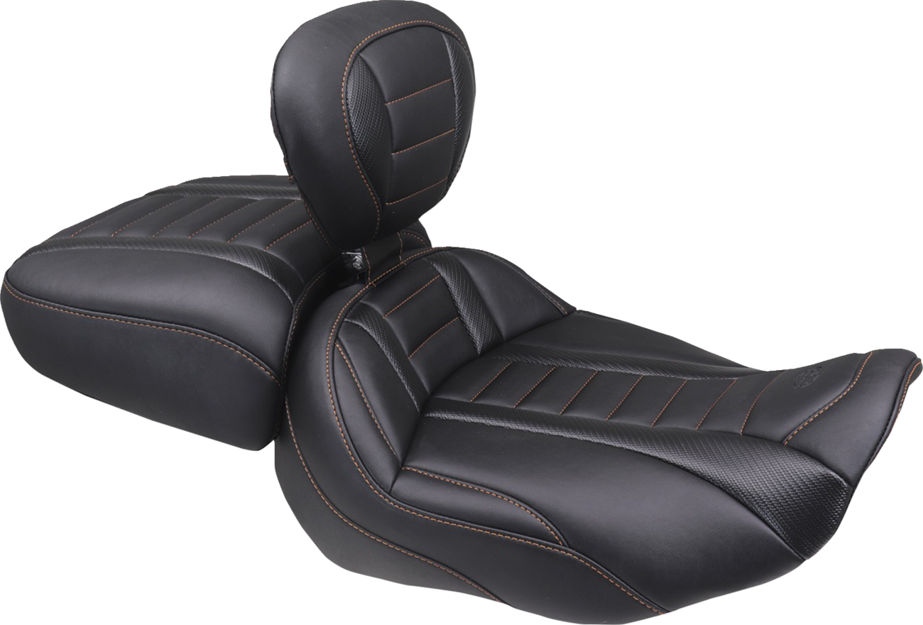 MUSTANG Deluxe Touring Solo Seat - w/ Backrest - Mandarin Orange Stitch - FLT/FLH '23-'25 89401MO