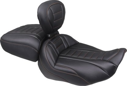 MUSTANG Deluxe Touring Solo Seat - w/ Backrest - Mandarin Orange Stitch - FLT/FLH '23-'25 89401MO