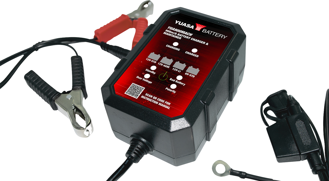 YUASA YUA900MACH Battery Charger and Maintainer - Automatic 900 mA for 6V and 12V Lead-Acid, AGM, LiFePO4, and Gel-Cell Batteries