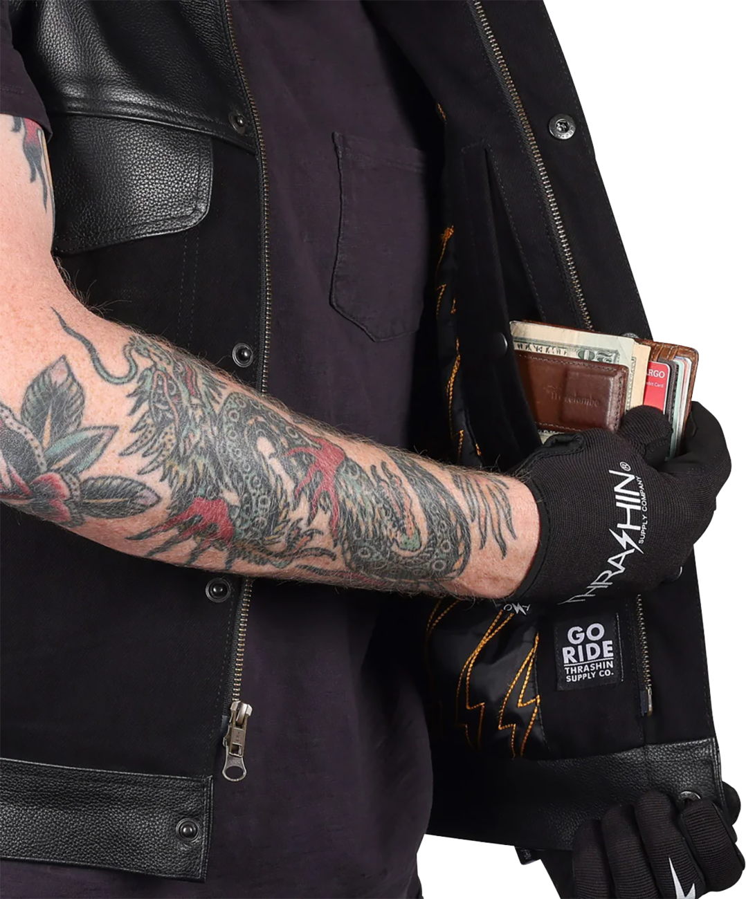THRASHIN SUPPLY CO. Kanan Leather/Denim Riding Vest - Black - Medium TMJ-13-09