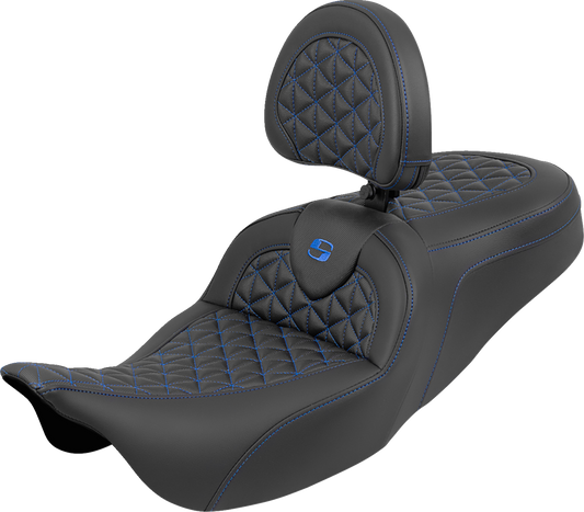 SADDLEMEN RoadSofa™ Tri Gripper Seat - Standard Reach - Blue Stitch - w/ Backrest - FLH/FLT '08-'25 808-07B-210B1