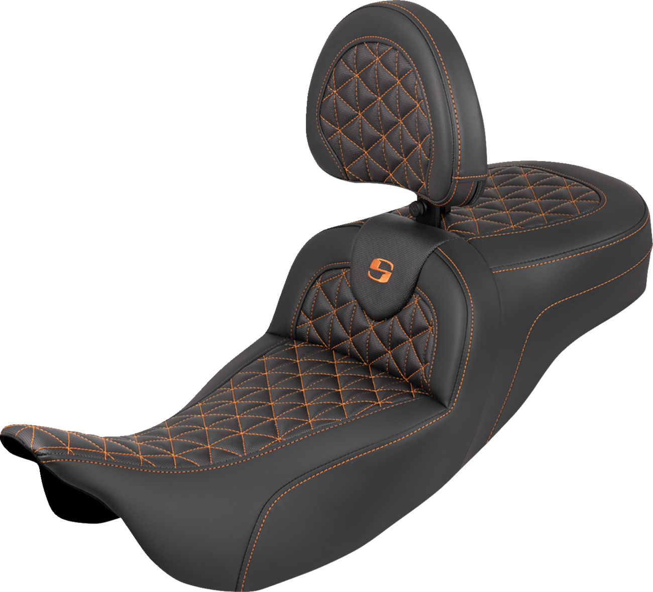 SADDLEMEN RoadSofa™ Tri Gripper Seat - Extended Reach - Orange Stitch - w/ Backrest - FLH/FLT '08-'25 808-07B-211B3