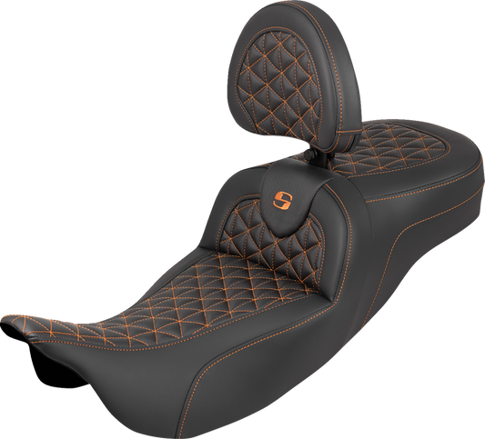 SADDLEMEN RoadSofa™ Tri Gripper Seat - Extended Reach - Orange Stitch - w/ Backrest - FLH/FLT '08-'25 808-07B-211B3