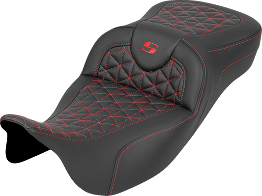 SADDLEMEN RoadSofa™ Tri Gripper Seat - Extended Reach - Red Stitch - w/o Backrest - FLH/FLT '08-'25 808-07B-21104