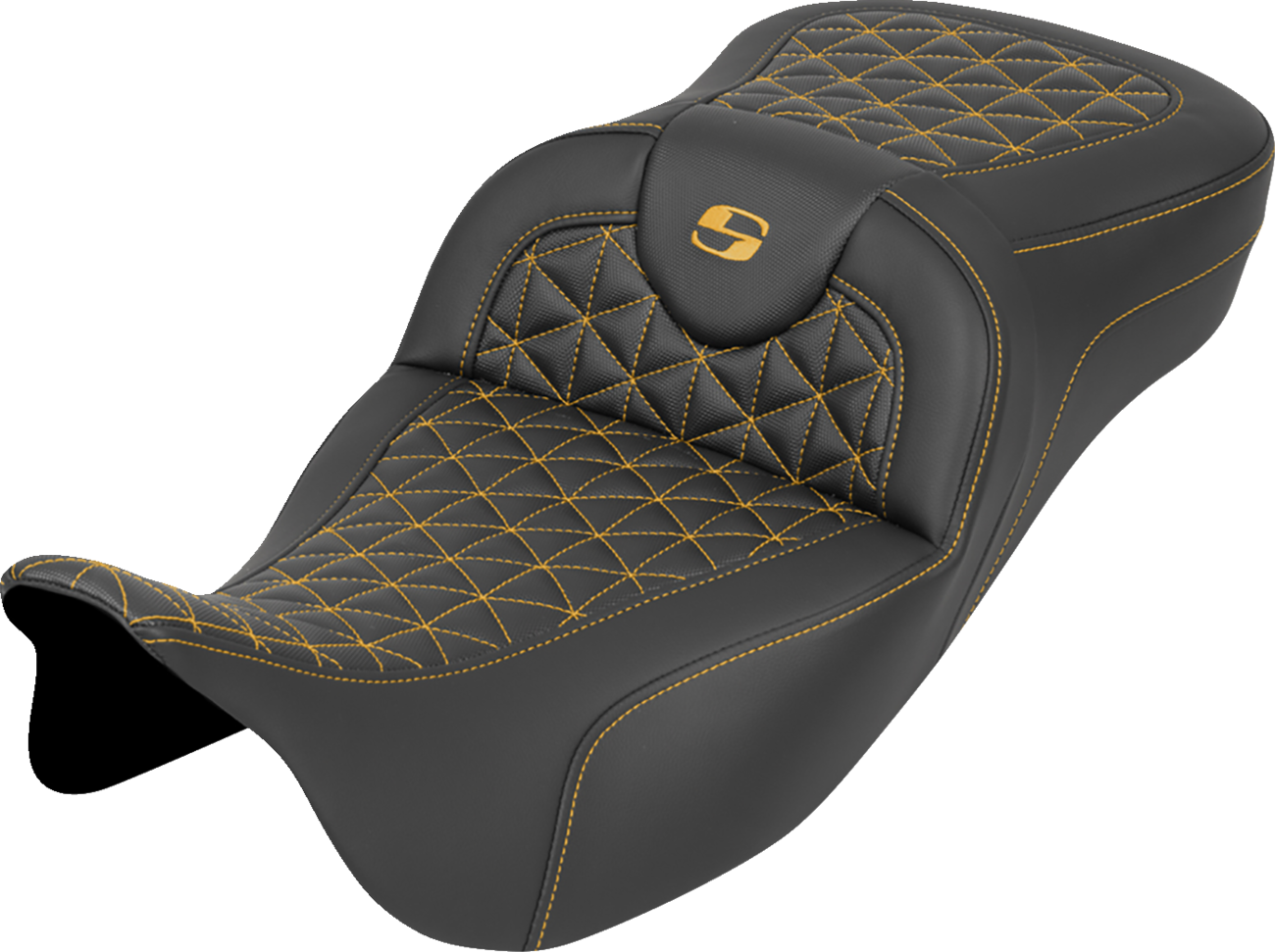 SADDLEMEN RoadSofa™ Tri Gripper Seat - Extended Reach - Gold Stitch - w/o Backrest - FLH/FLT '08-'25 808-07B-21107