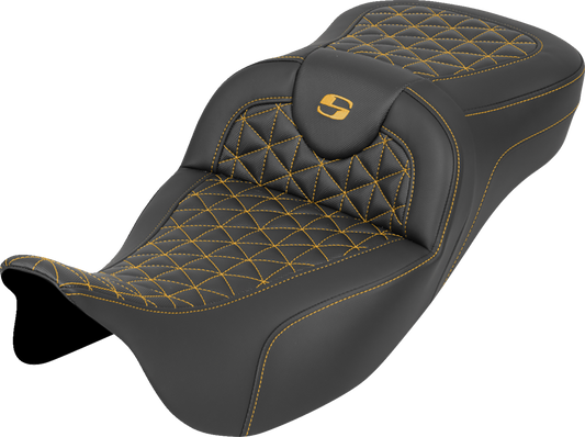 SADDLEMEN RoadSofa™ Tri Gripper Seat - Extended Reach - Gold Stitch - w/o Backrest - FLH/FLT '08-'25 808-07B-21107
