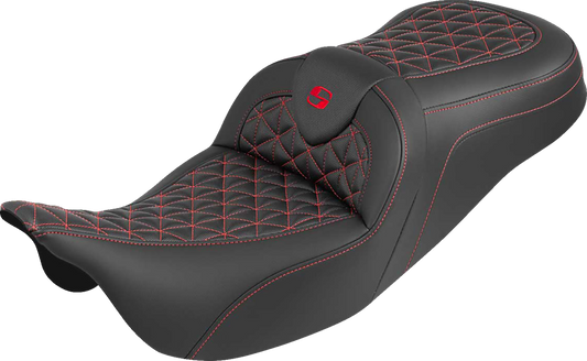 SADDLEMEN RoadSofa™ Tri Gripper Seat - Standard Reach - Red Stitch - w/o Backrest - FLH/FLT '08-'25 808-07B-21004